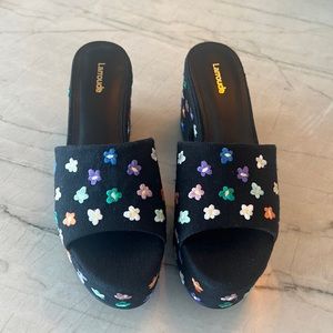 Larroude Black Linen Floral Miso Platform